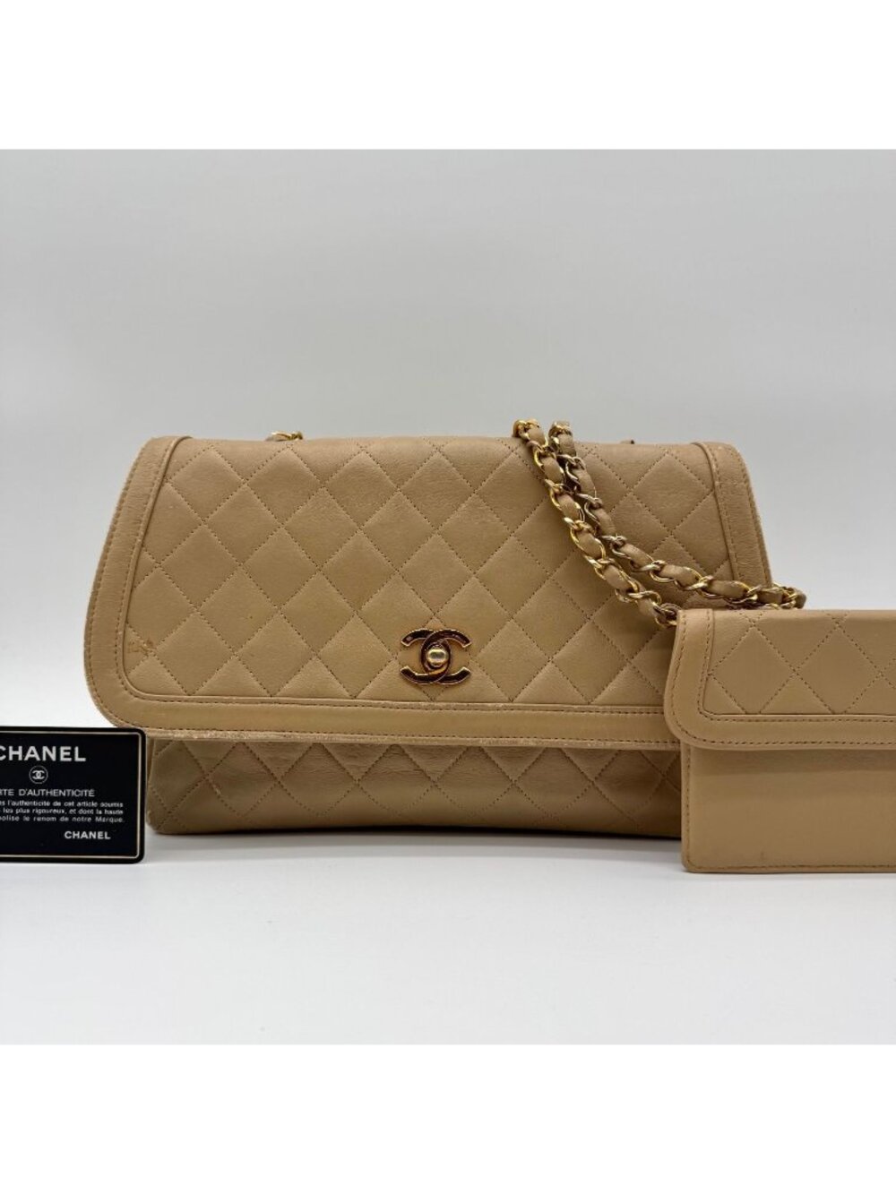 Chanel Large Shoulder Bag CC Logo Quilted Turnlock Gold Leather Beige